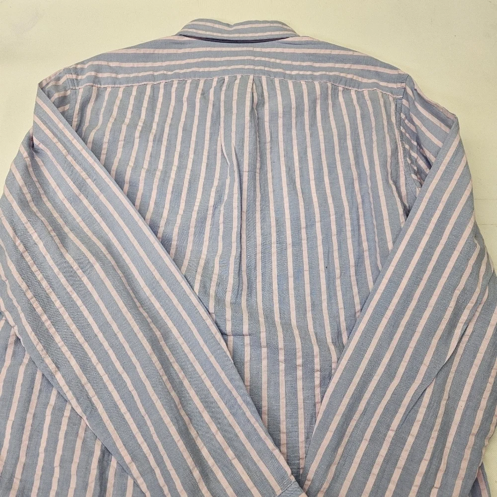 NWT J Crew Shirt Mens Med Slim Seersucker Striped Blue Pink Button Down Cotton